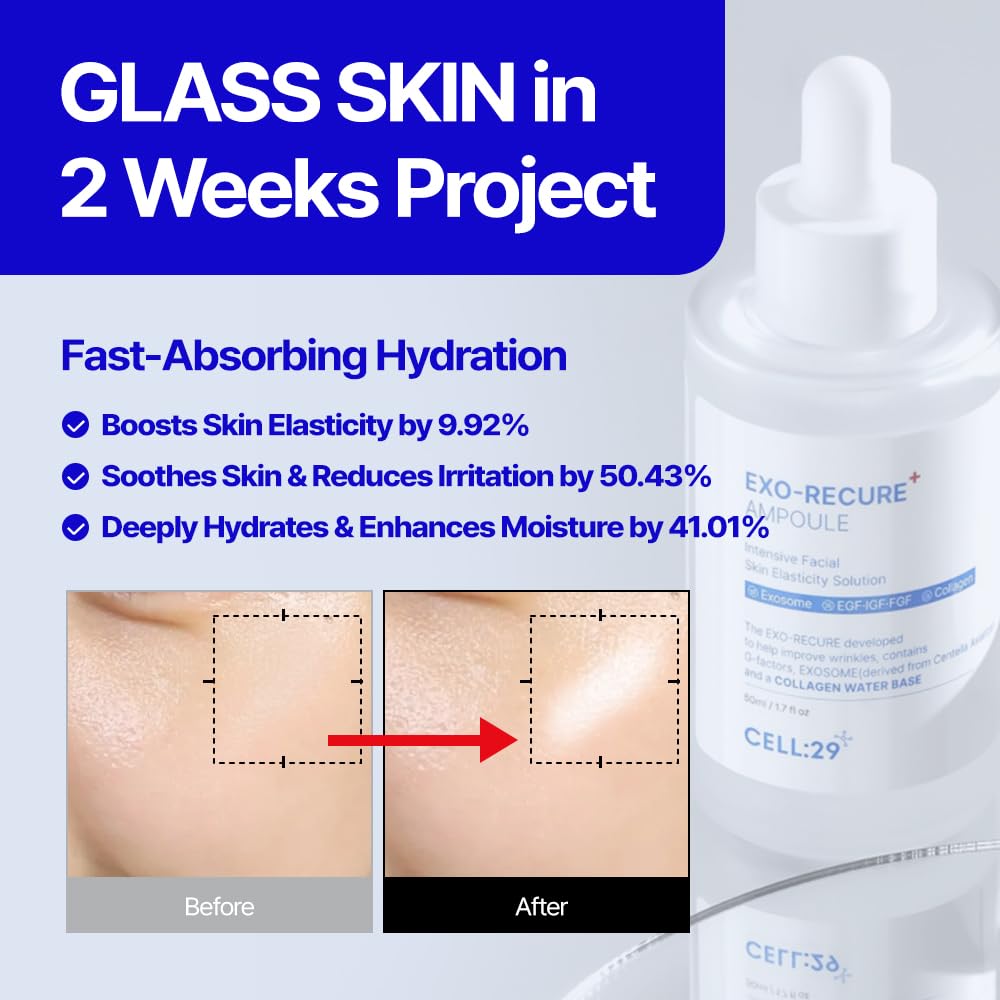 CELL29 Exo-Recure Ampoule Exosome 10,000 PPM Collagen Water Fast Absorption Deep Hydration Rejuvenation Anti-Aging Glass
