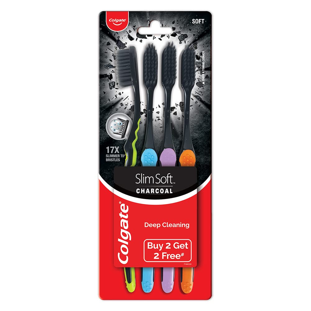 Colgate SlimSoft Charcoal Toothbrush Set of 4 | Soft Bristles | - Product Imagery