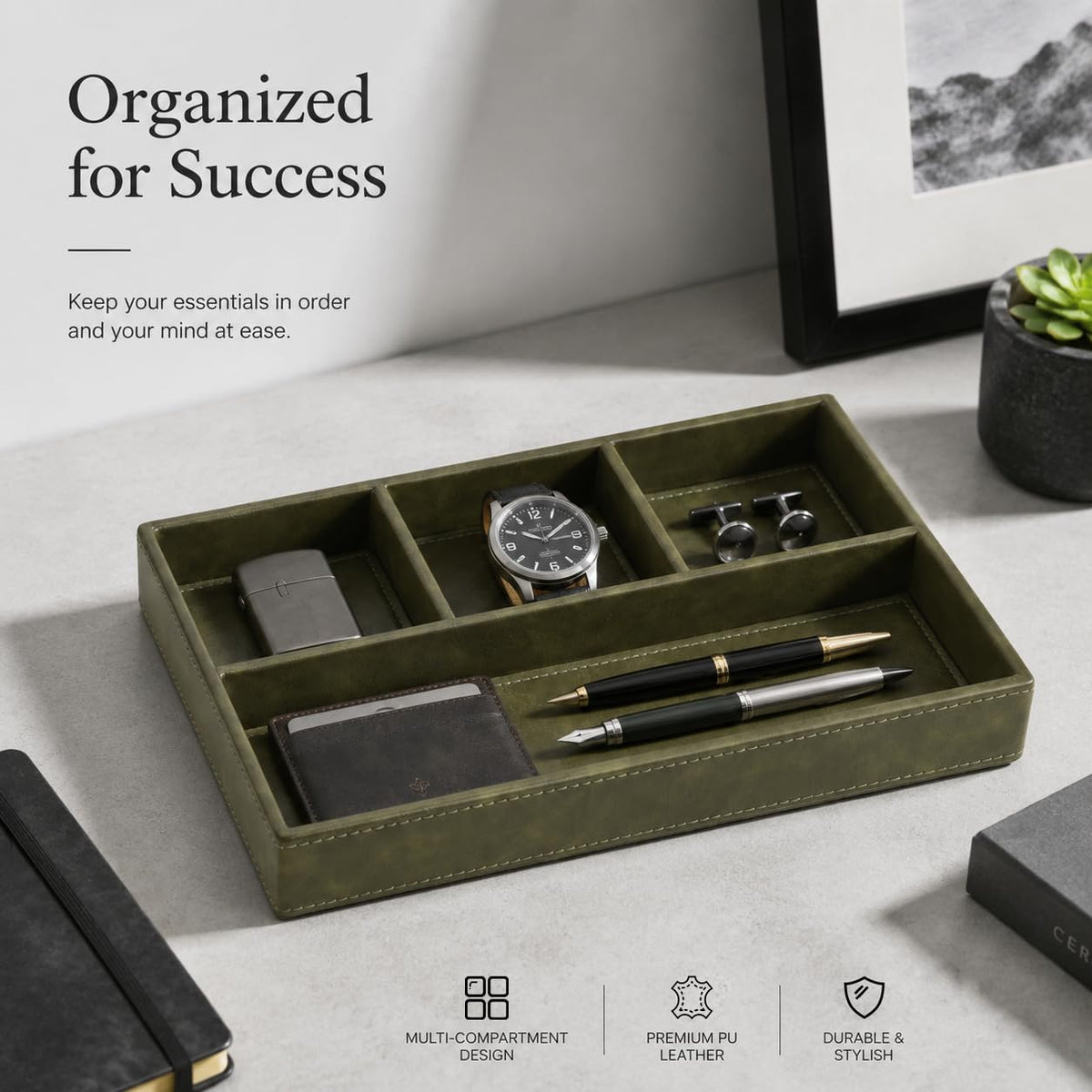 GORESE Valet Tray for Men, Leather Tray EDC Desk Organizer, Olive Green – alternate angle