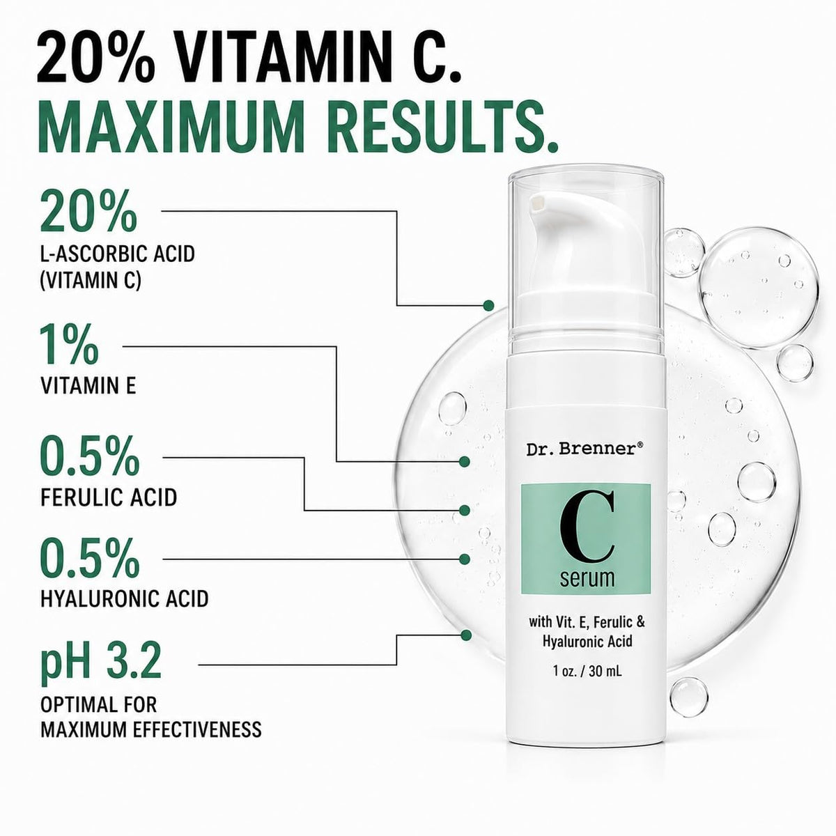 Vitamin C Serum 20% Pure L-Ascorbic Acid, Ferulic Acid, Vitamin E and Hyaluronic Acid for Face and Eyes Natural Anti Agi