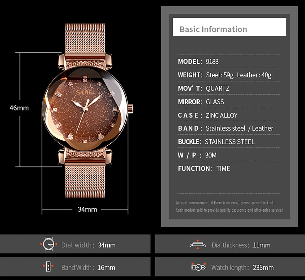 Gosasa Elegant Womens Quartz Watch, Crystal Dial Stainless Steel Mesh Watch – back view and specifications