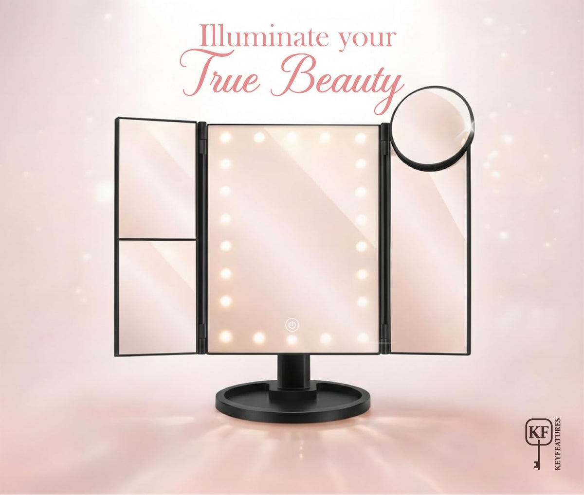 KEYFEATURES Lighted Makeup Mirror, Trifold Vanity Mirror with 22 LED Lights, 2x/3x/10x Magnification, Touch Dimming, USB