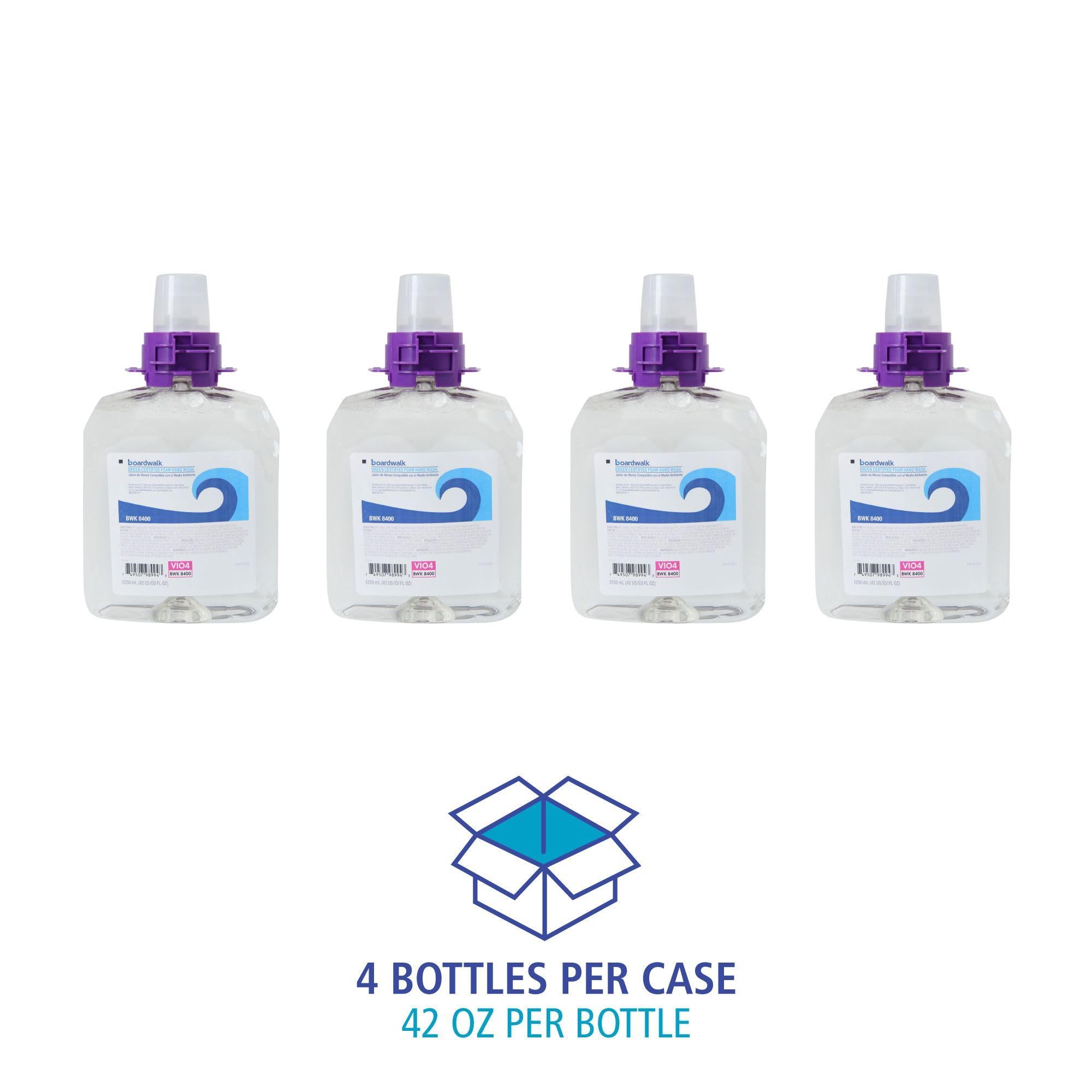 Boardwalk BWK8400 green-certified fragrance-free foam soap refill bottles, 1250mL each, in a case of four for skin cleaning.