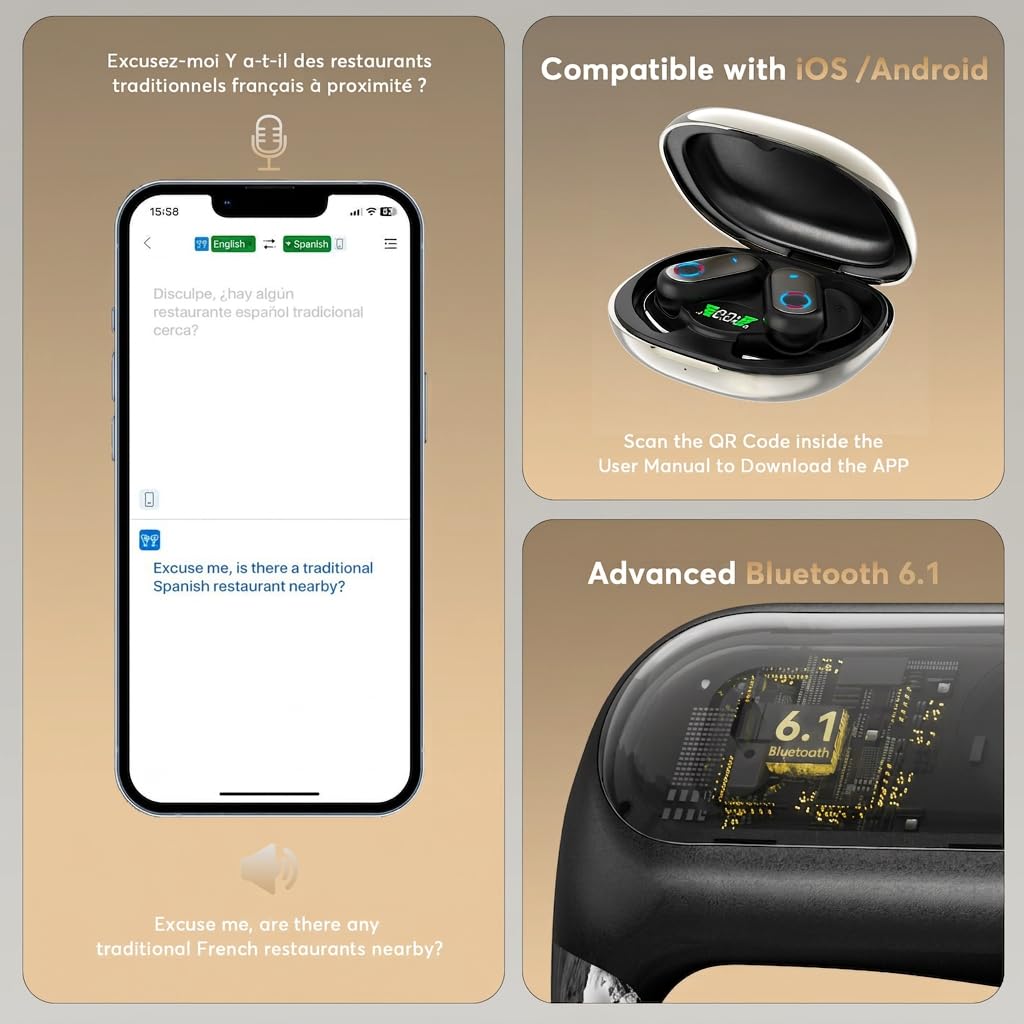 Mokseev AI Translation Earbuds-198 Languages, Sport Open Ear Translator Earphones – close-up detail in Gun Black