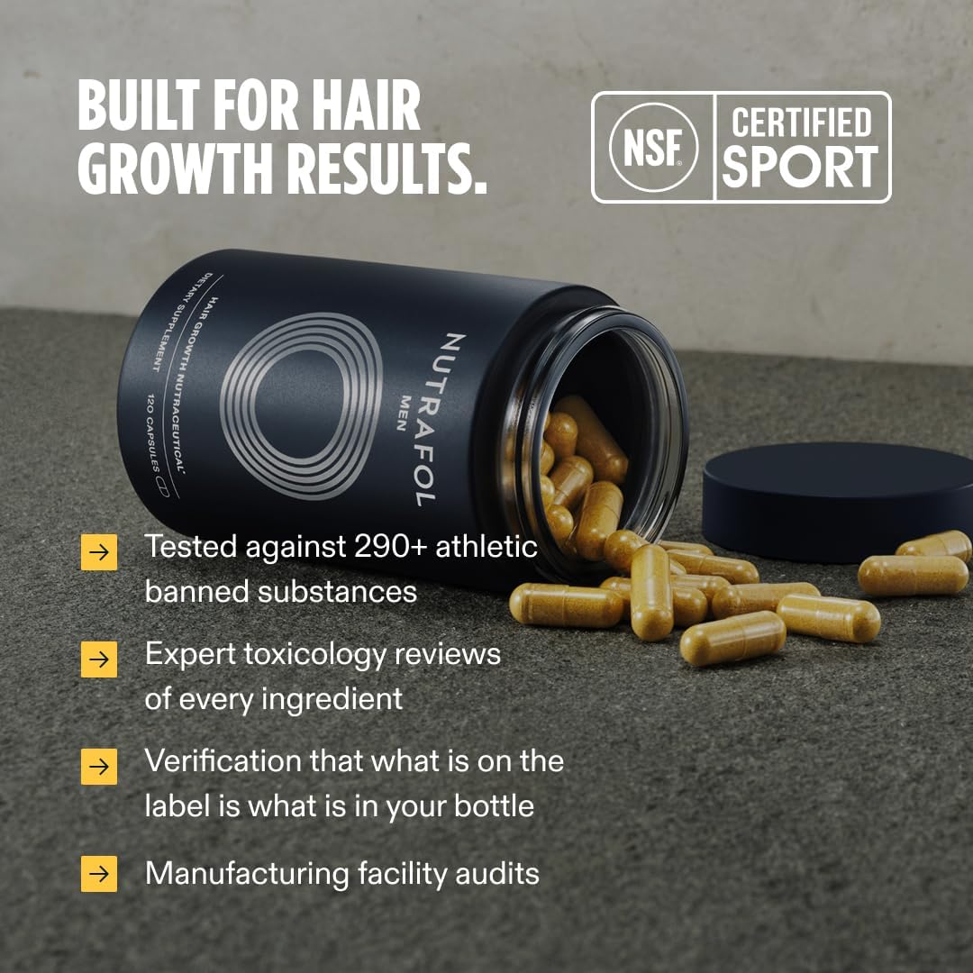 Nutrafol Men hair growth supplements for ages 18-49, 2-month bundle, with bottles of topical hair regrowth treatment and supplements.