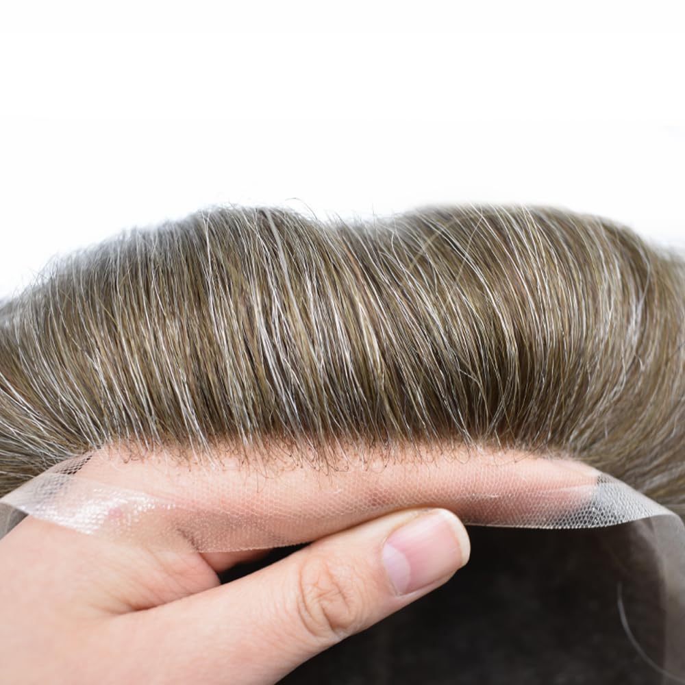SINGA HAIR men's wig with real human hair, Swiss lace hairpiece featuring natural hairline in medium brown with 60% grey, light to medium density