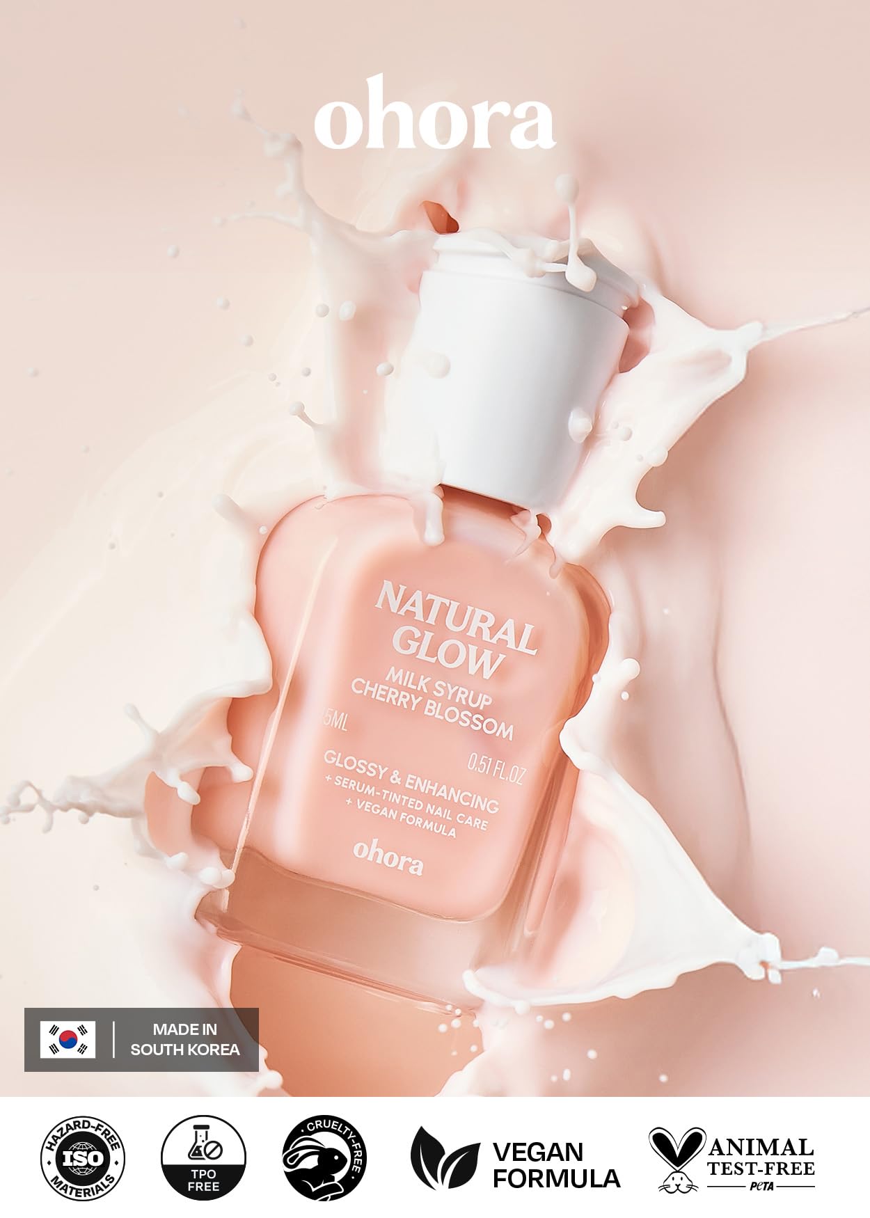 ohora Natural Glow Milk Syrup Nail Strengthener (Cherry Blossom) - Tinted Nail Hardener for Brittle, Damaged Nails, Quick-Dry Glossy Finish, Nail Repair & Growth, 15 mL