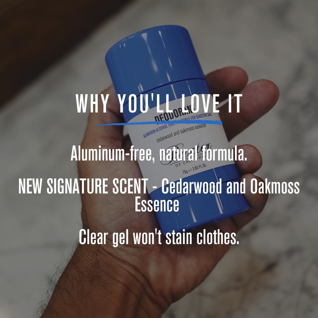 Baxter of California aluminum-free cedarwood and oakmoss body deodorant in 2.65 oz stick, natural scent and effective odor protection