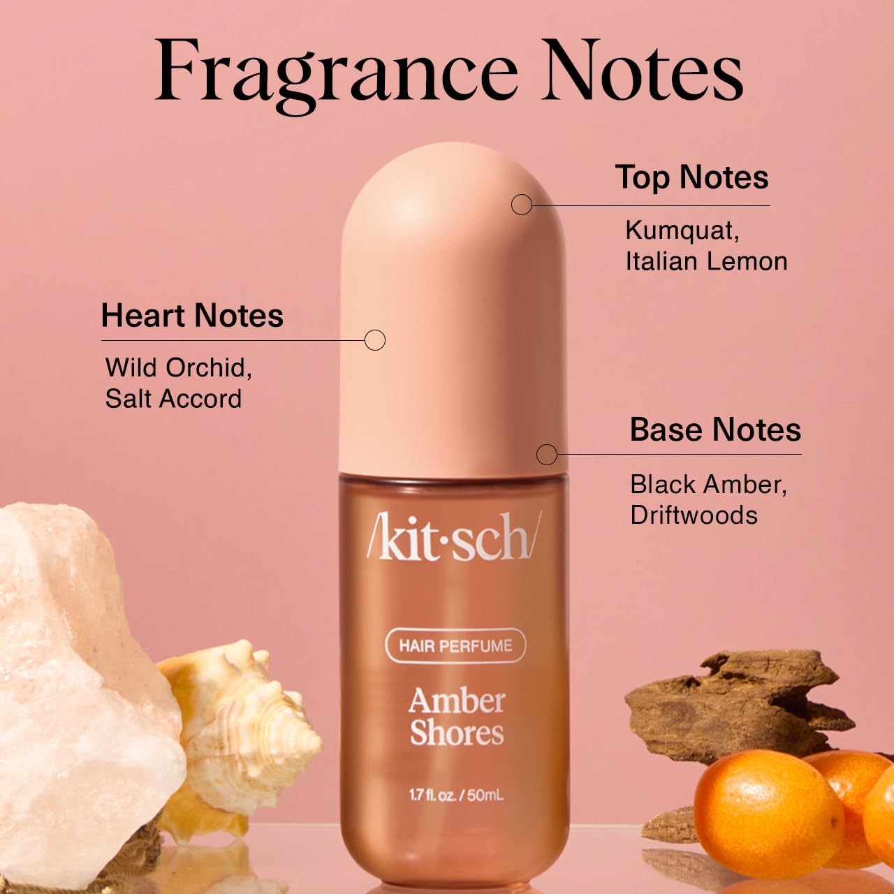 Kitsch Amber Shores hair perfume bottle for women, 50mL, with a sleek design and amber-colored liquid inside.