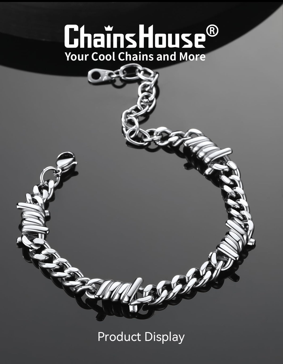 ChainsHouse Barbed Wire Bracelet, Cuban Link Chain Bracelet for Men – close-up detail in B-7mmStainless Steel