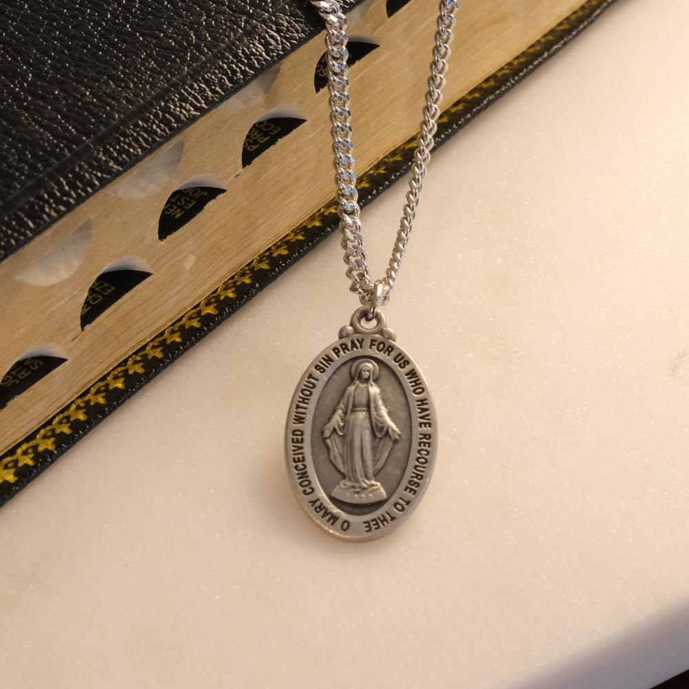 Everlasting Light Jewelry Pewter Miraculous Medal Pendant on 24 Inch - Catholic Religious Necklace Made in USA,Deluxe Ve