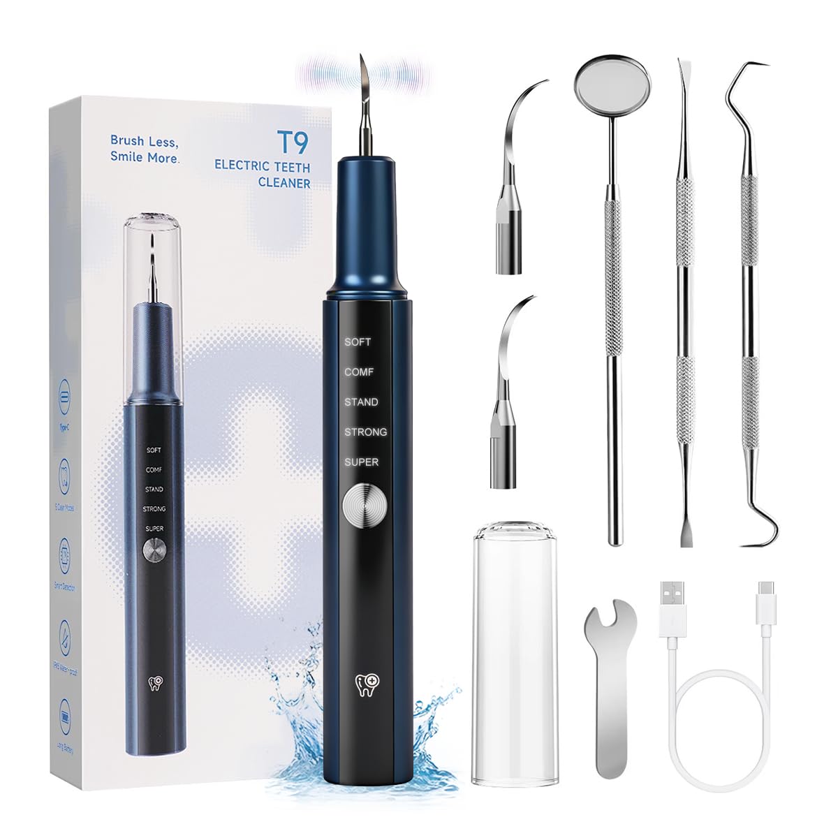 MgcSto T9 Home Oral Care Set, Portable Electric Oral Cleaning Device with Purple Light, 5 Speed Adjustable Modes, 7 Piec