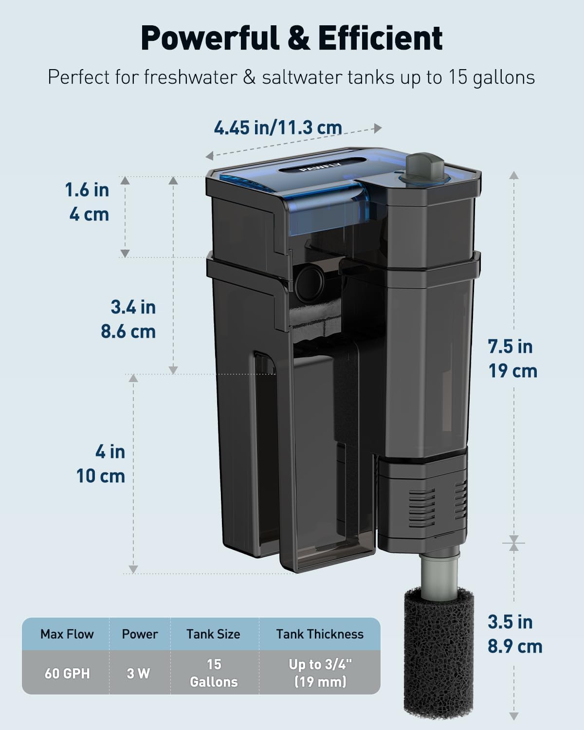 Pawfly 3 W Aquarium Filter, 15 Gallon Fish Tank Filter, 60 GPH Hang on Back Aquarium Filter with Adjustable Water Flow, 