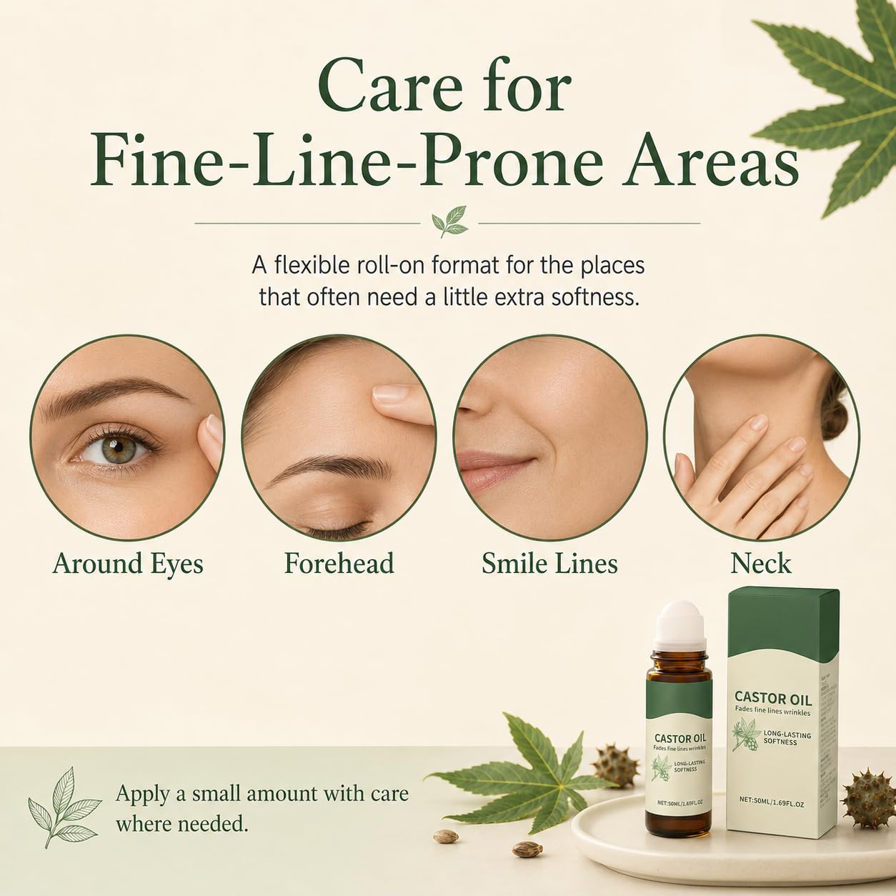 Nooche organic castor oil roll-on for skin, hair, brows, and lashes, shown in a clear applicator bottle.