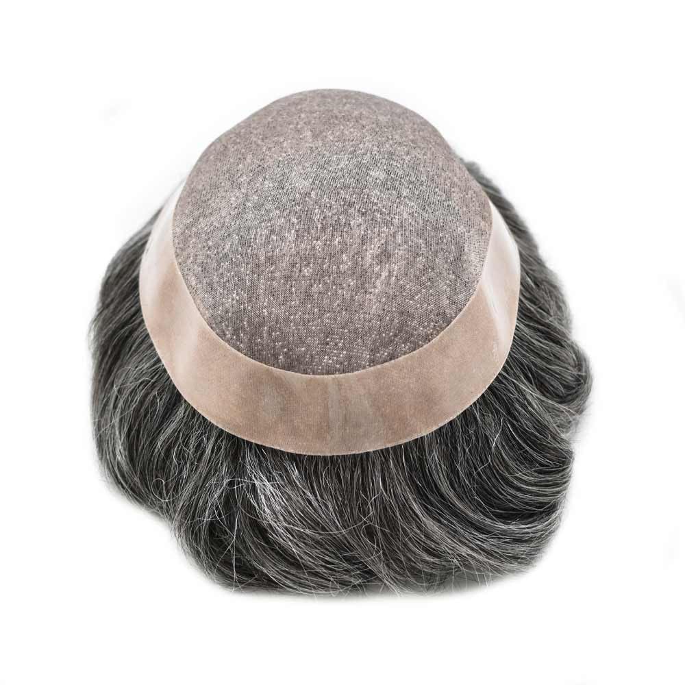 Curve Hair Mens Toupee Human Hair Piece Replacement System Monofilament Wig Hair Unit for Men Durable Poly Coated Mens Hairpiece (#1B50 Off Black+50% Gray, 7"X9")