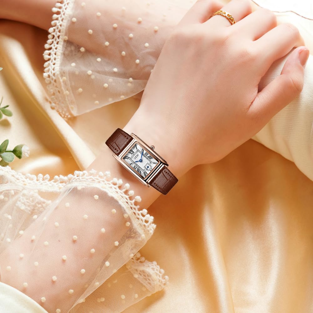 FANMIS Women's Vintage Rectangular Leather Strap Watches – packaging and label