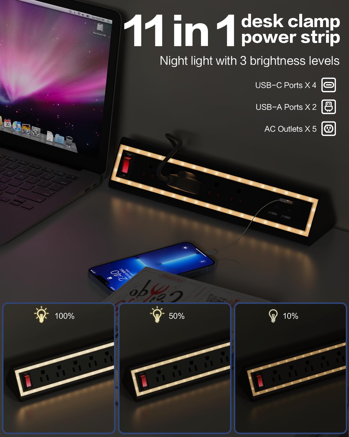 NYYTGE Desk Clamp Power Strip with Nightlight, 40W Fast Charging, 6FT Extension Cord, 4x20W USB-C & 2 USB Ports, 5 AC Ou