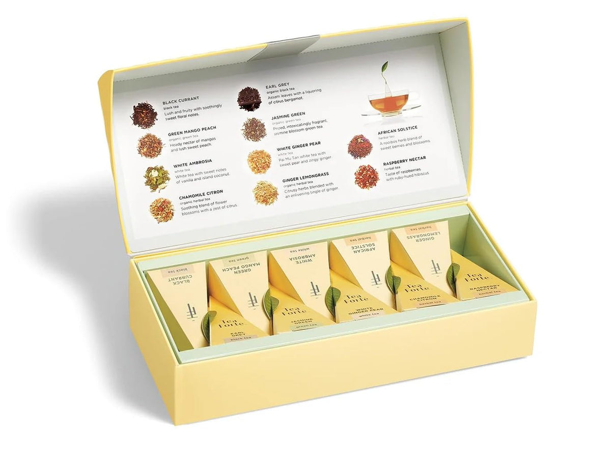 Tea Forte Tea Sampler, 10 Pyramid Infuser Bags, Premium Tea Gift Set – packaging and label