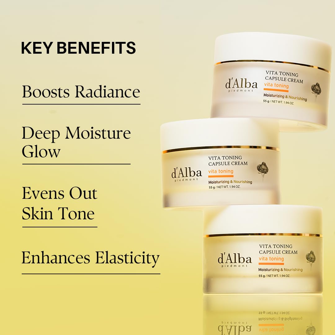 d'alba Piedmont Vita Toning Capsule Cream face moisturizer in a 1.94 oz jar, showcasing its elegant packaging and creamy texture.