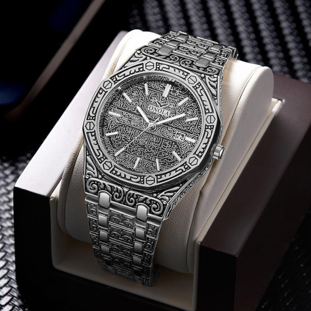 HUNRUY Retro Watches for Men Quartz Watches Tattoo Pattern Carved Stainless Steel Bracelet Waterproof Wrist Watch – full
