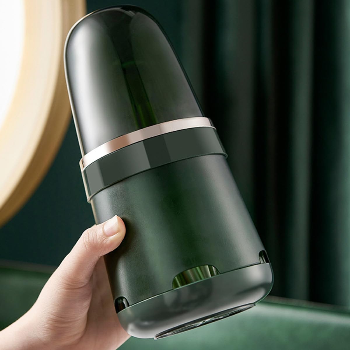 GOOHOCHY cosmetic brush holder caddy with ventilated dustproof design, portable round storage cup for vanity, travel, and home use.