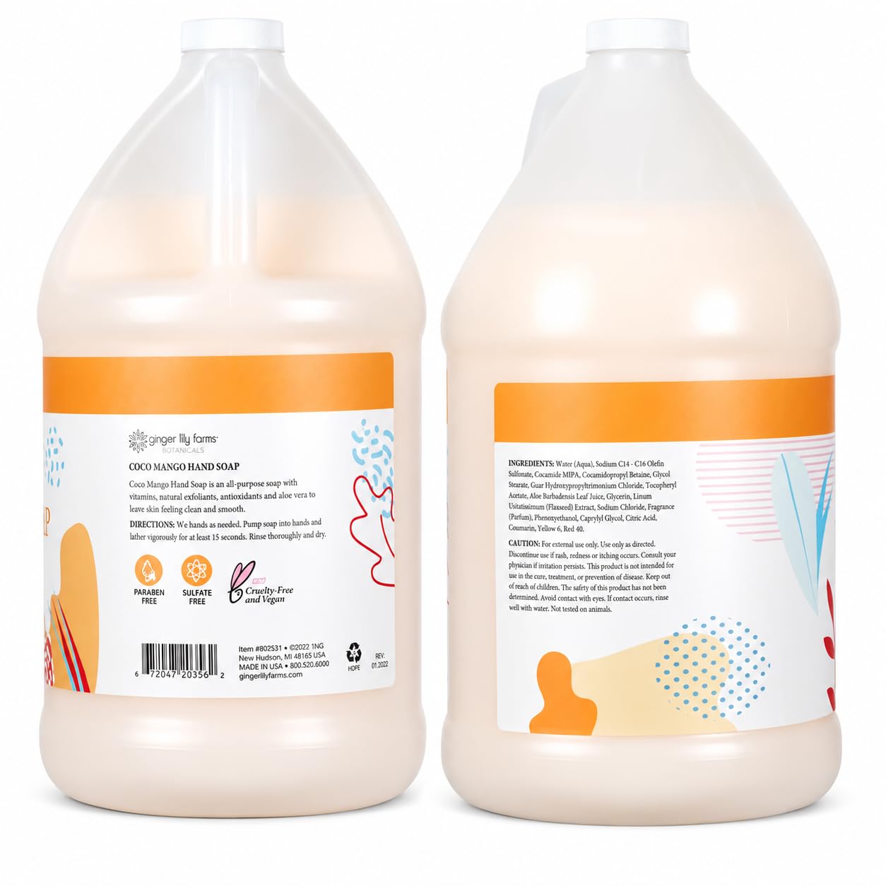 Ginger Lily Farms 1-gallon coconut mango scented all-purpose hand soap in a pump bottle with tropical-themed packaging