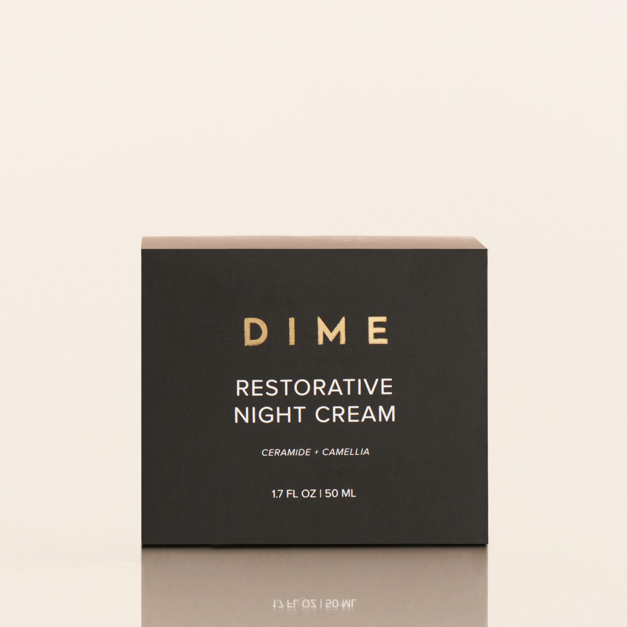 DIME Beauty Restorative Night Cream with ceramides in a 1.7oz jar, featuring a smooth, creamy texture for skin hydration.