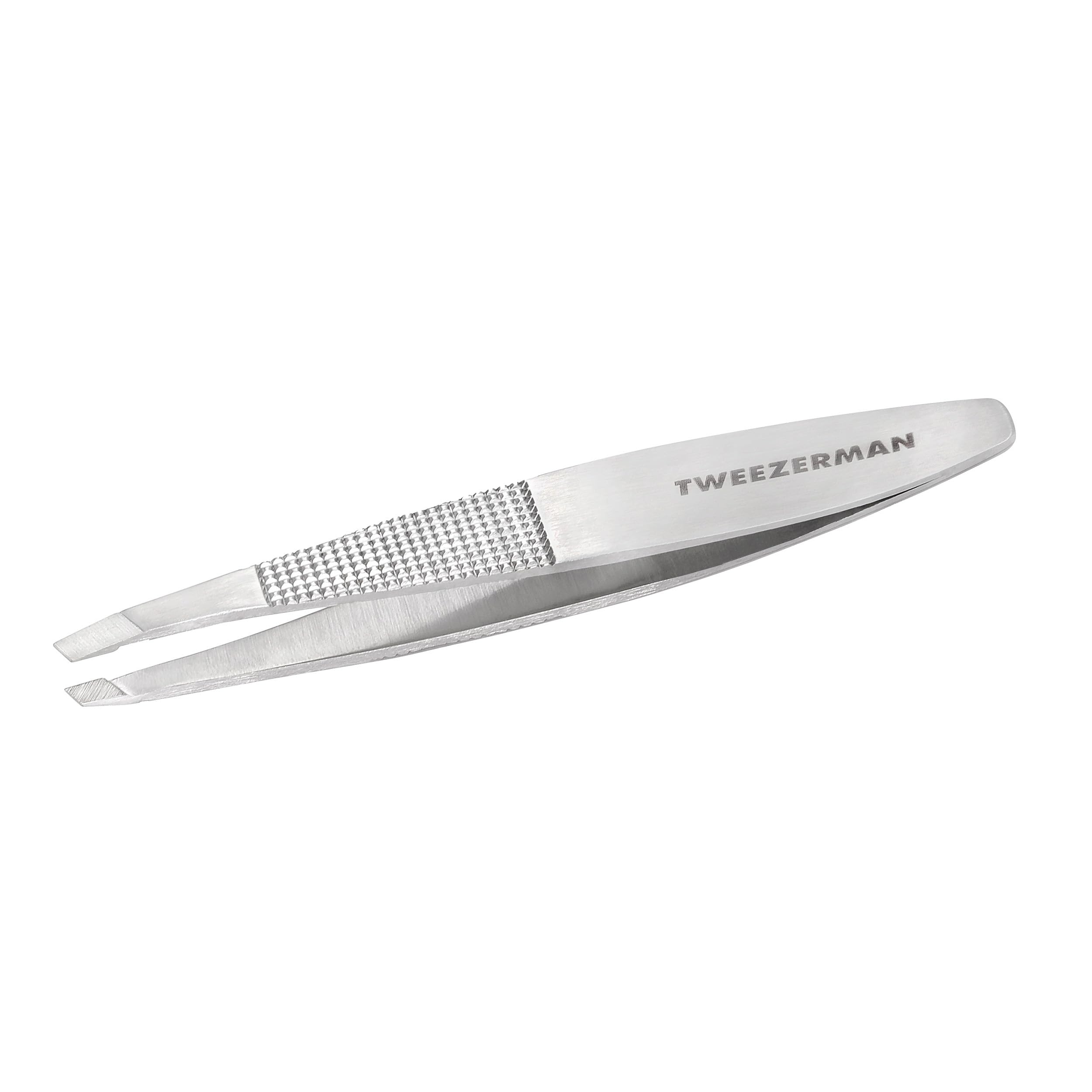 Stainless steel Tweezerman Wide Grip Slant Tweezer with angled tips for precise hair removal and easy grip.