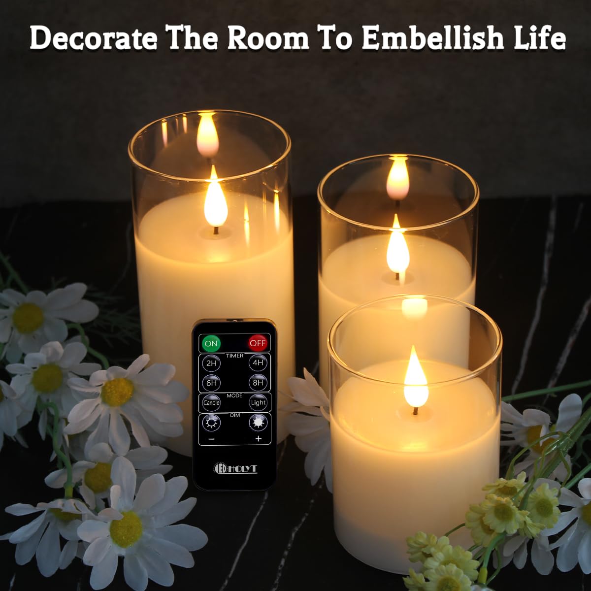LEDHOLYT Glass Rechargeable LED Flickering Flameless Candles with Remote and Timer – back view and specifications
