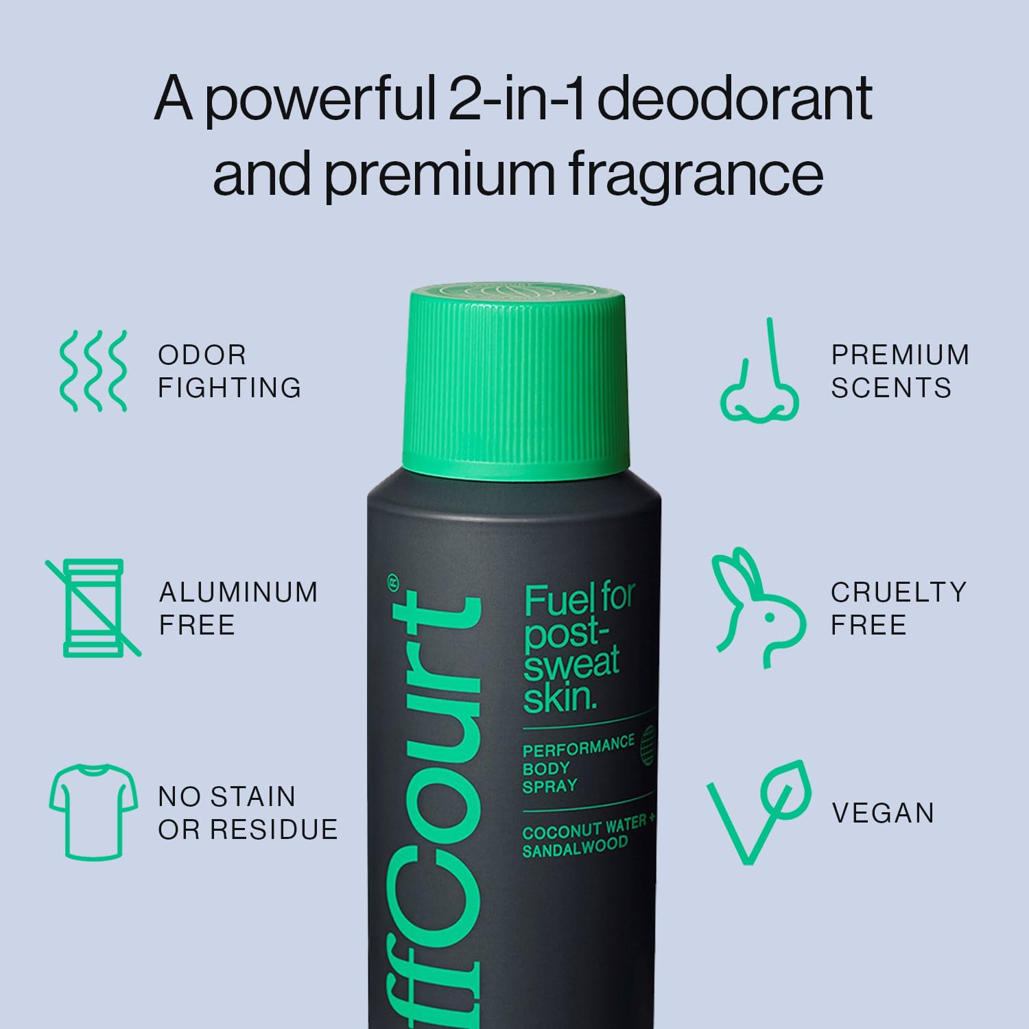 OffCourt Coconut Water and Sandalwood body deodorant spray in 3.4 oz bottle, featuring a refreshing scent and sleek packaging.