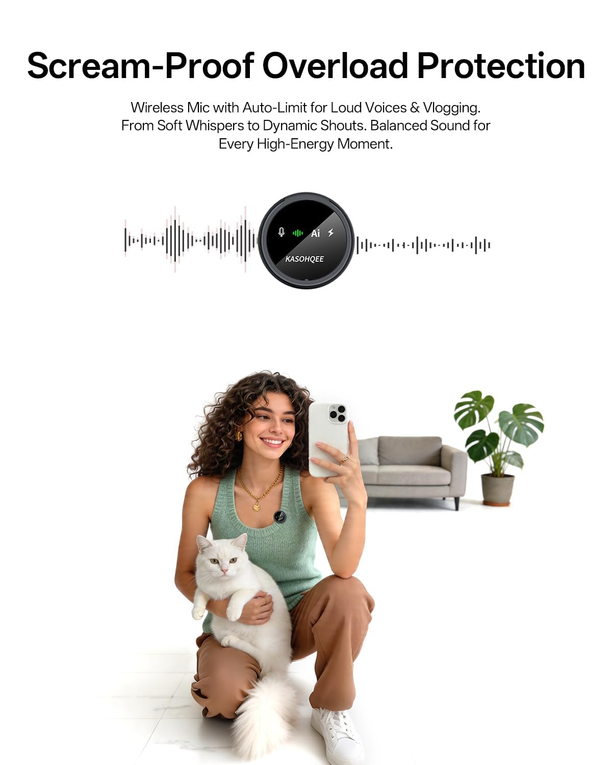 KASOHQEE Wireless Lavalier Microphone for iPhone 17/16/15/14, iPad & Android – full view