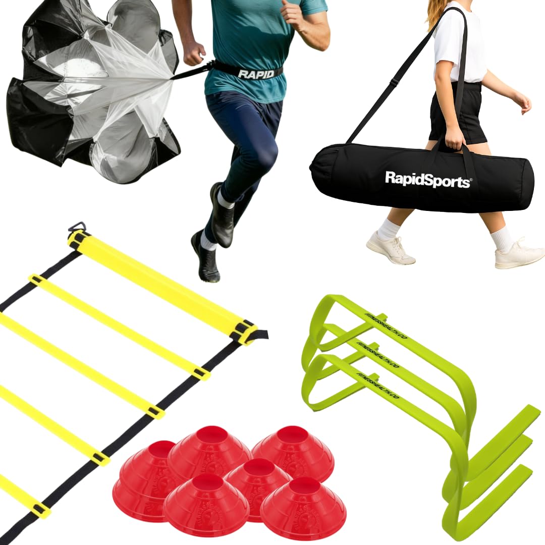 Fitness Health - Speed & Agility Athlete Training Set, Speed Chute, Hurdles, Agility Ladder and Sports Cones, Metal Pegs