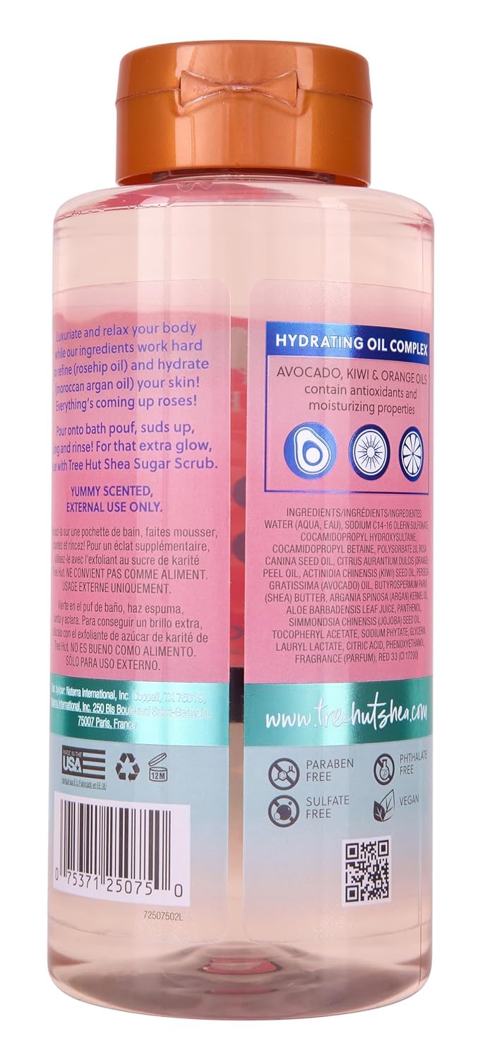 Tree Hut Moroccan Rose foaming gel body wash in 18 oz bottle, featuring floral rose scent and gentle skin cleansing properties.