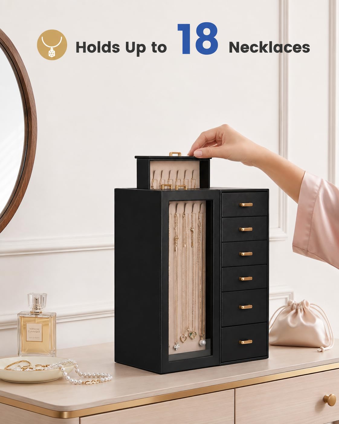 Lolalet Large Jewelry Box Organizer for Women, PU Leather Jewelry Case with Necklace Holder & Multiple Drawers, Tabletop