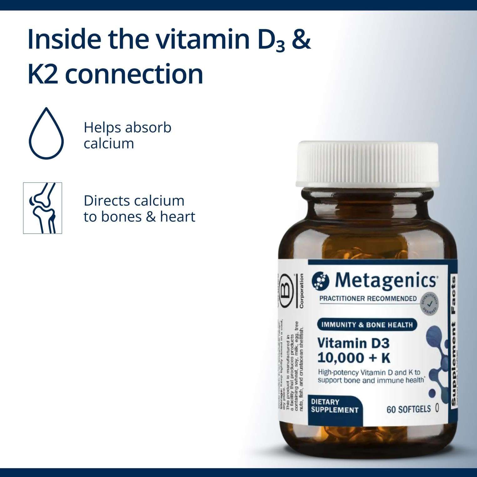 Metagenics Vitamin D3 K2 10000 IU MK-7 softgels, dietary vitamin supplement for bone and immune health.