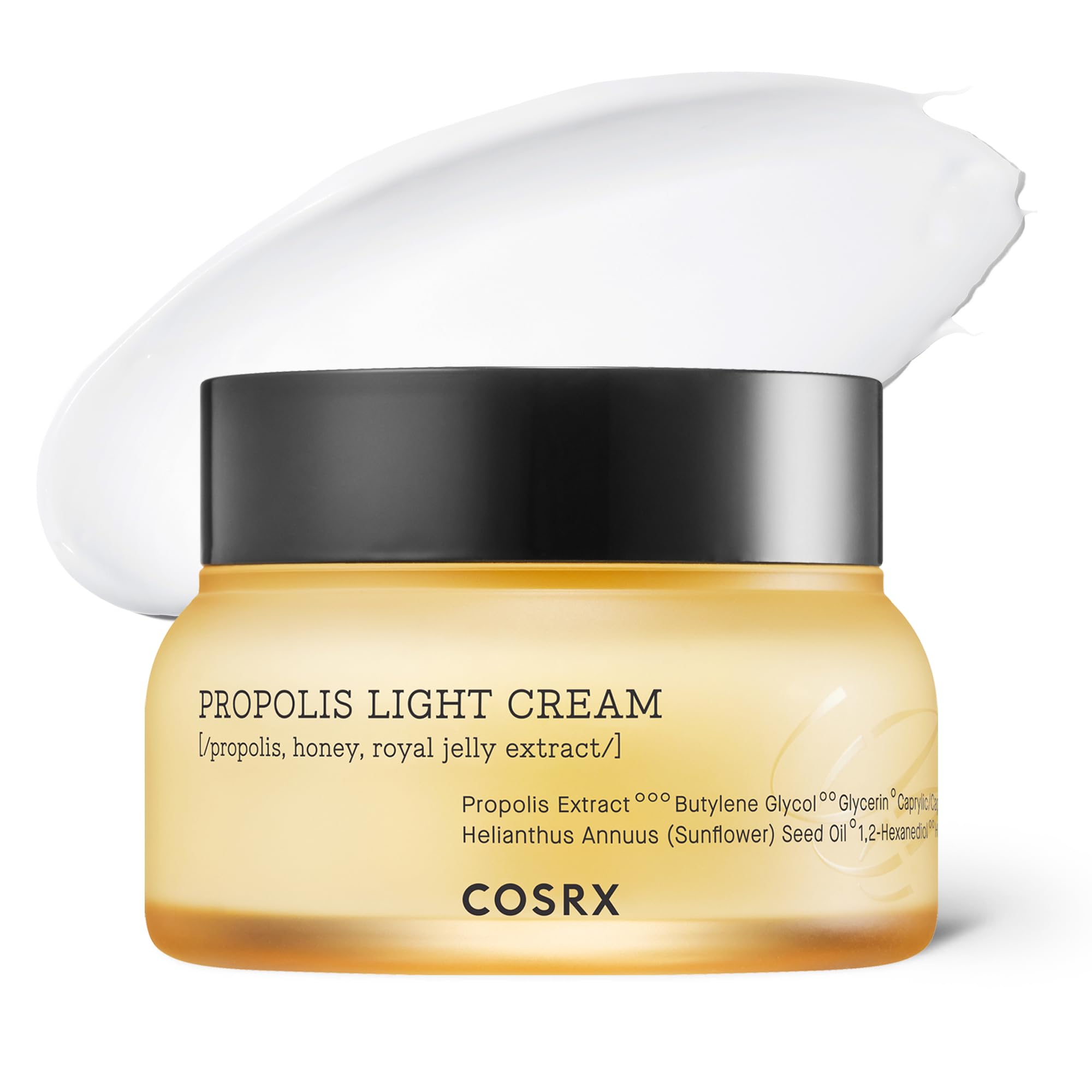 COSRX 64% Propolis Honey lightweight skin moisturizer with golden glow, in a 2.19 fl oz jar, showing smooth cream texture.