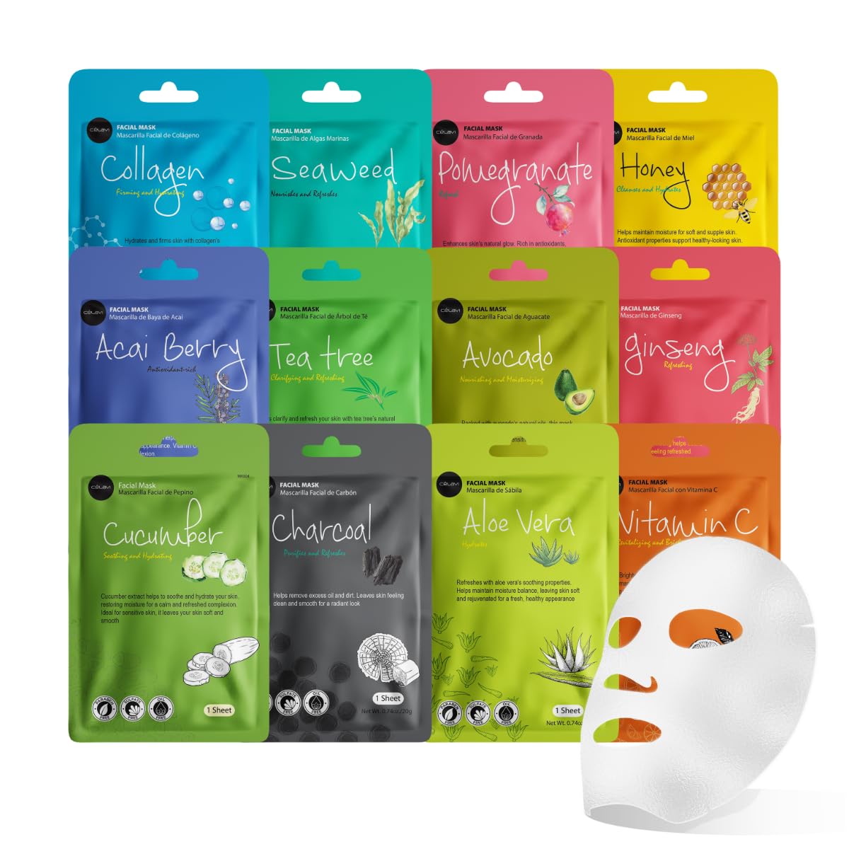 Celavi Korean Face Mask Sheet Set, Facial Spa Masks for Women, - Product Imagery