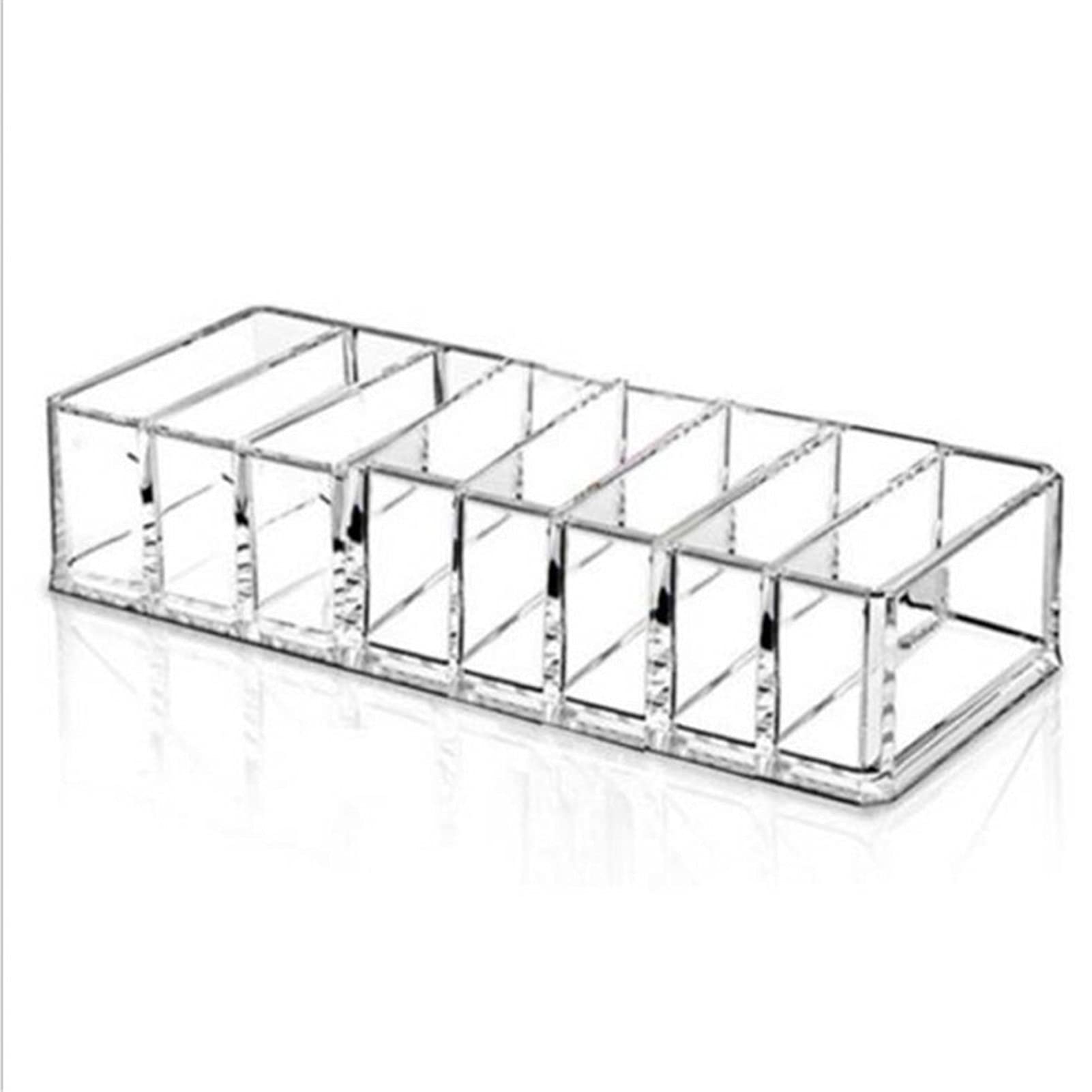 RIZGHWOY transparent plastic cosmetic organizer tray with six compartments for makeup and toiletry storage at home or store.