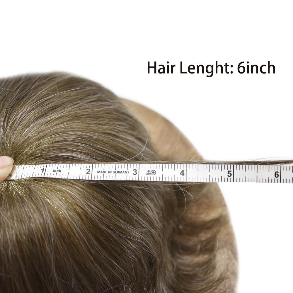 Curve Hair men's toupee wig in light brown with gray, monofilament hairpiece, 7x9 inches, durable poly-coated men's hair replacement system.