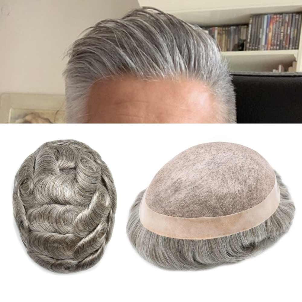 Curve Hair Mens Toupee Human Hair Piece Replacement System Monofilament Wig Hair Unit for Men Durable Poly Coated Mens Hairpiece (#365 Dark Brown+65% Gray, 8"X10")