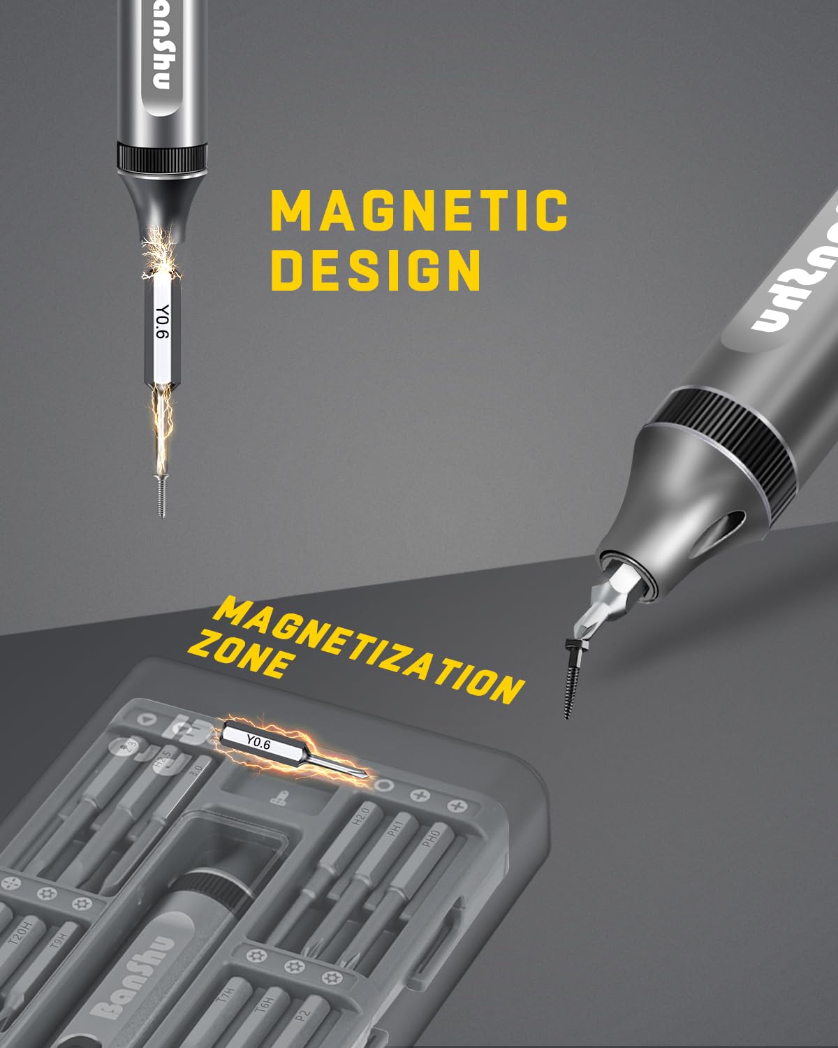 Banshu Mini Electric Screwdriver, 52-in-1 Precision Screwdriver Set – back view and specifications
