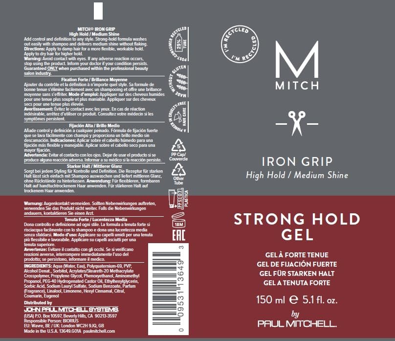MITCH by Paul Mitchell Iron Grip Strong Hold Gel, High Hold, Medium Shine, For All Hair Types + Textures, 5.1 fl. oz