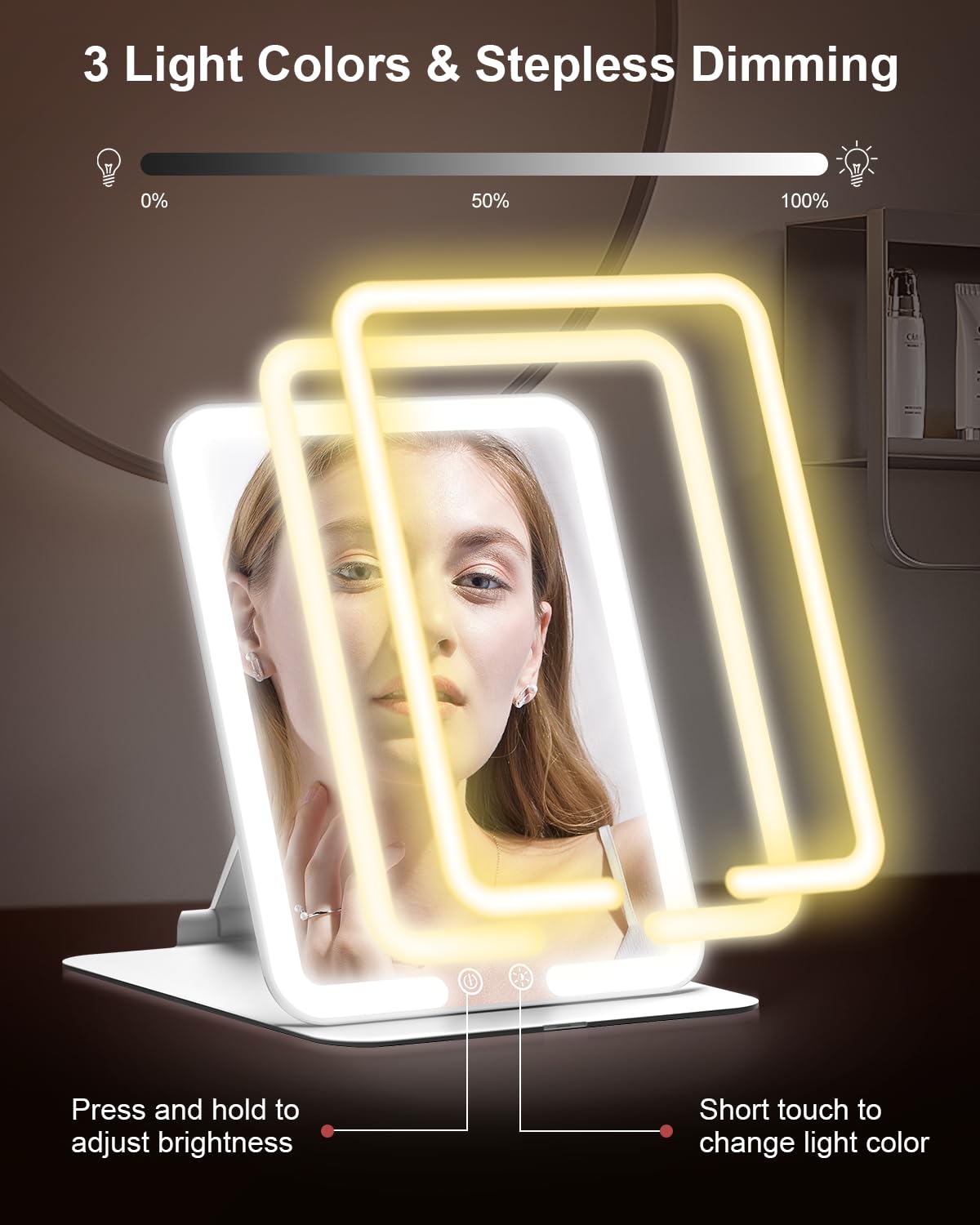 Gospire Travel Makeup Mirror with Lights and Magnification 10X, White – full view