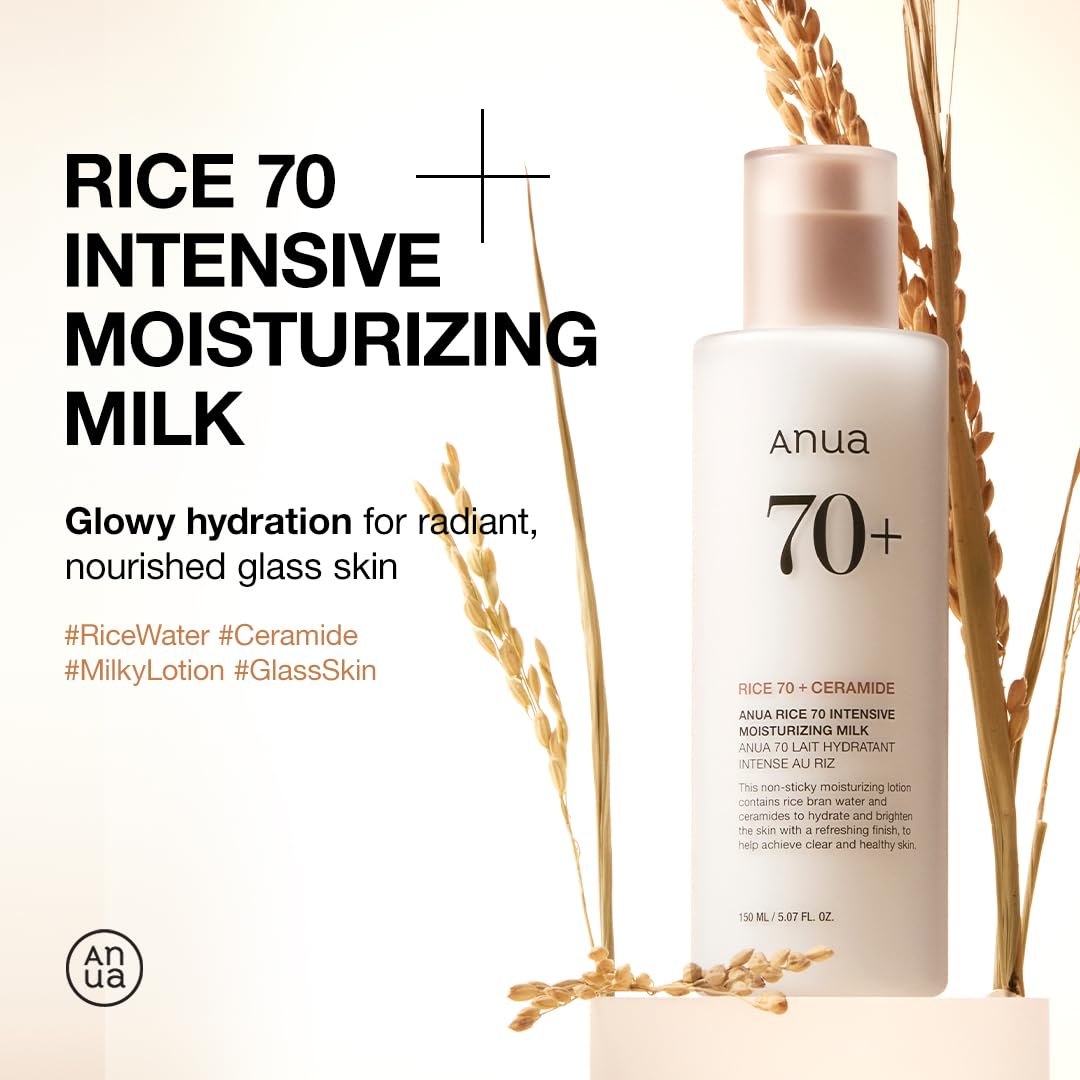 ANUA Rice 70 Intensive Moisturizing Milk bottle, 5.07 fl oz, skin moisturizer with rice extract for deep hydration and nourishment