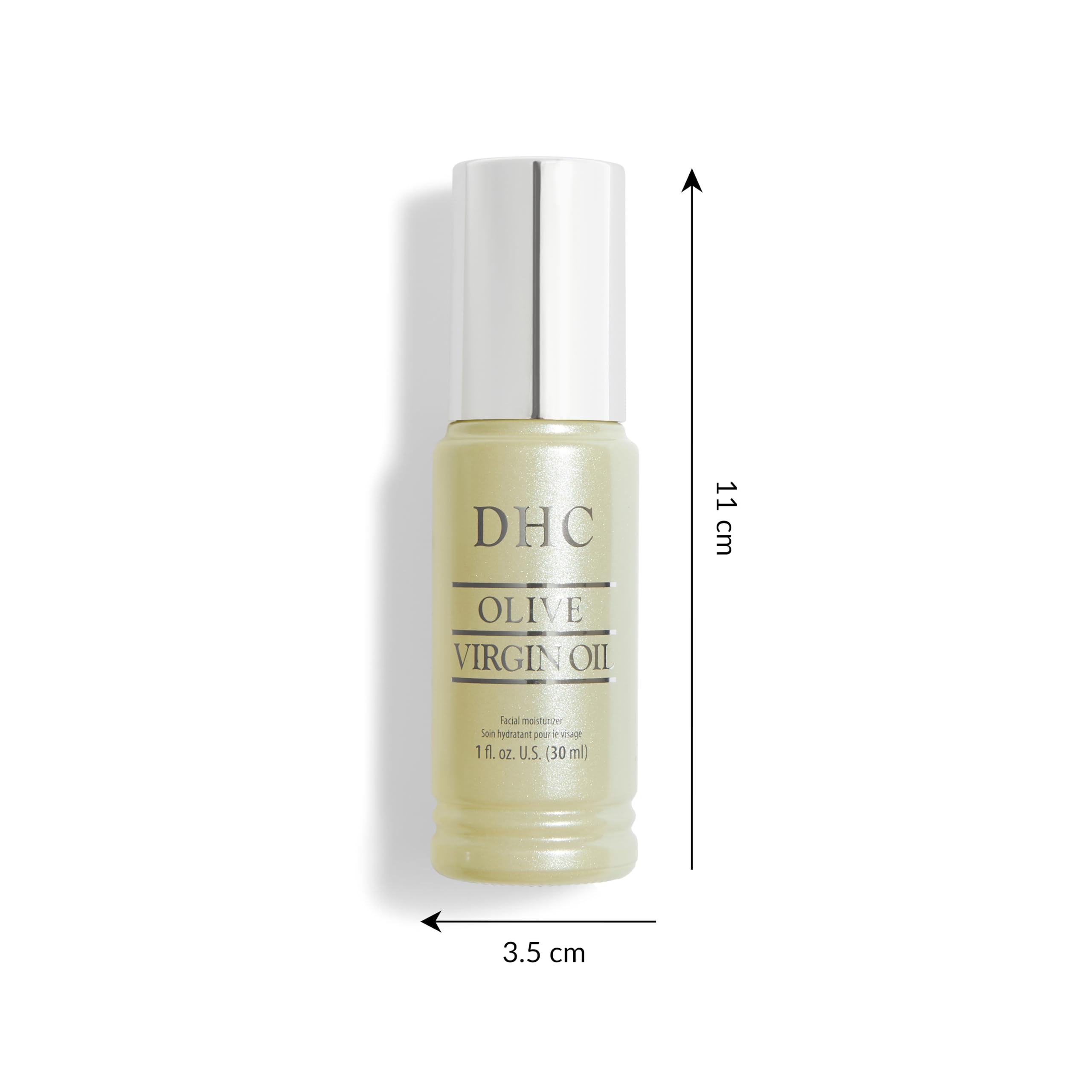 DHC Olive Virgin Oil moisturizing face oil for dry skin, 1 oz, with a dropper bottle and golden olive oil inside.