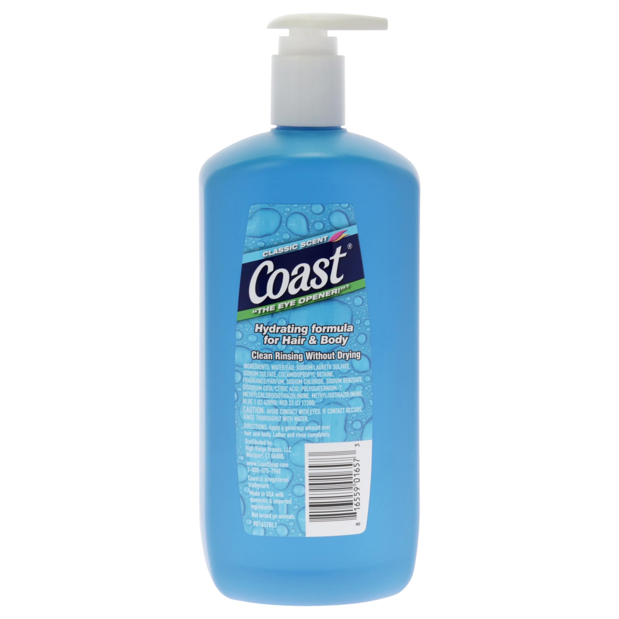 Coast 2-in-1 hair and body wash in a clear bottle with rich foam, designed for gentle, clean rinsing without drying skin.