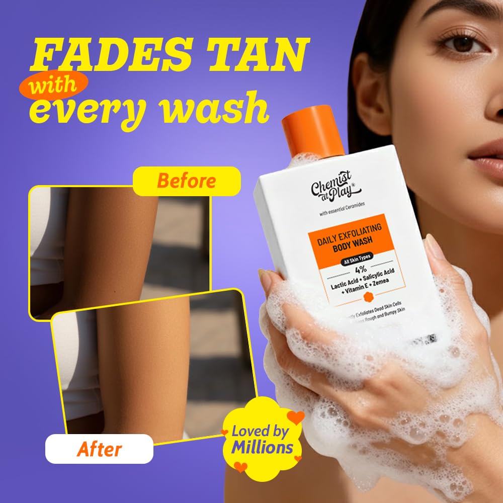 Chemist at Play exfoliating body wash with salicylic and lactic acids, showing a clear bottle with a pump dispenser and light-colored liquid.