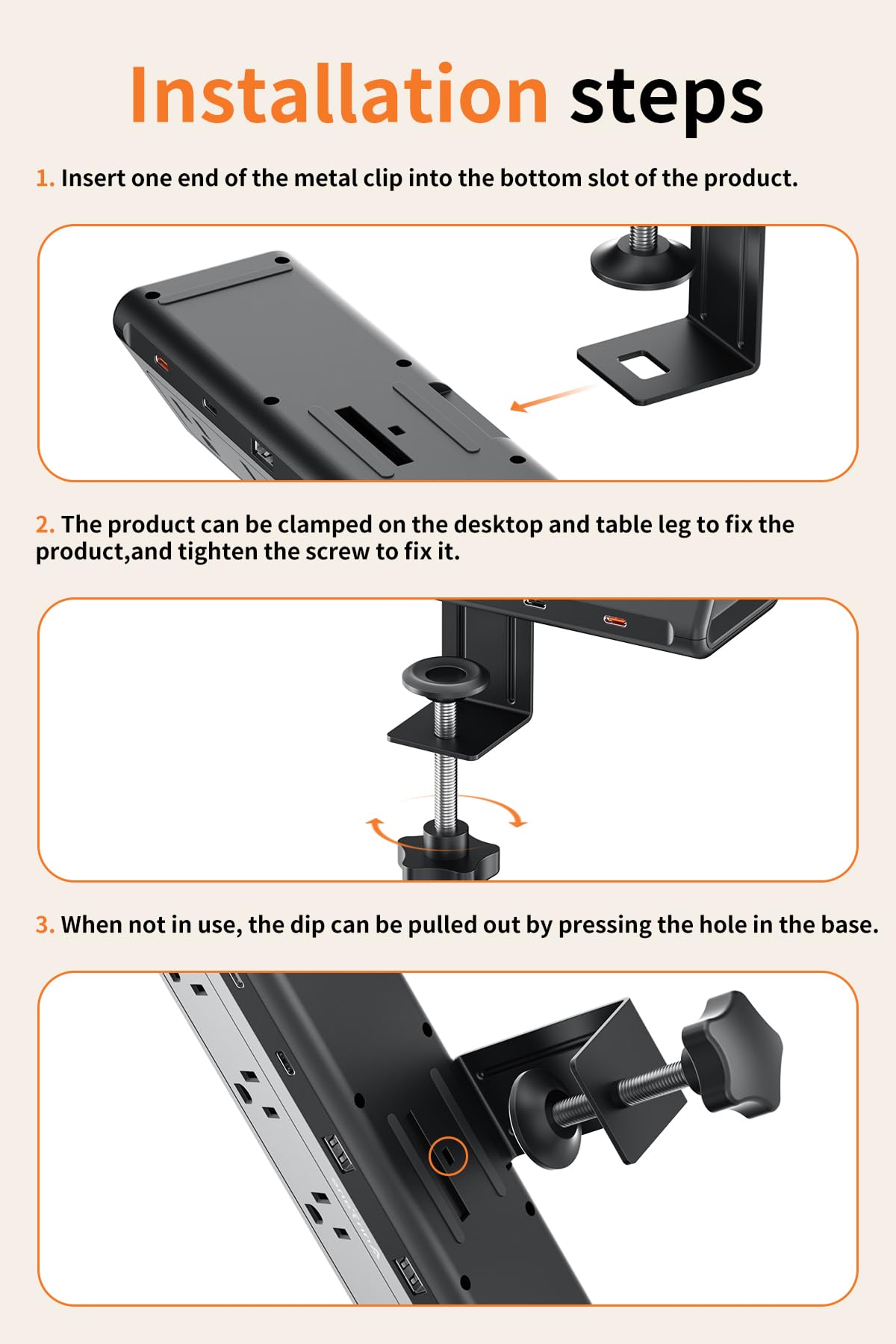 AnnTane Desk Clamp Power Strip USBC, 40W Fast Charging, 10 Ft, Black – alternate angle