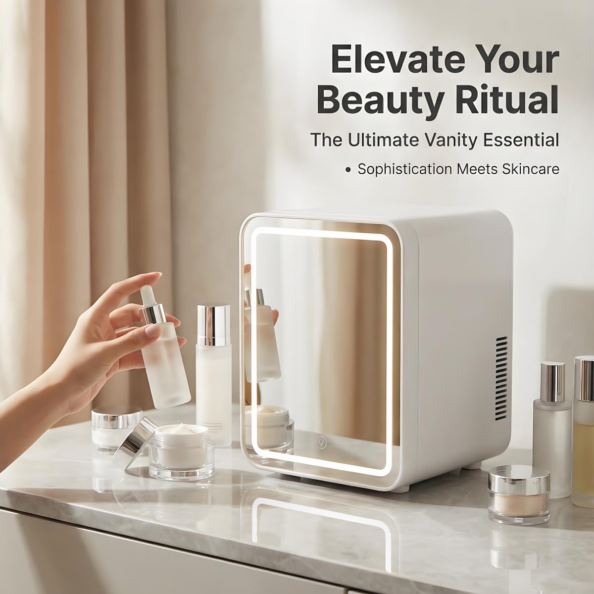 Lispin 4L Mini Skincare Refrigerator with Dimmable LED Mirror, Portable Beauty Refrigerator, Cosmetics, Personal Fridge 