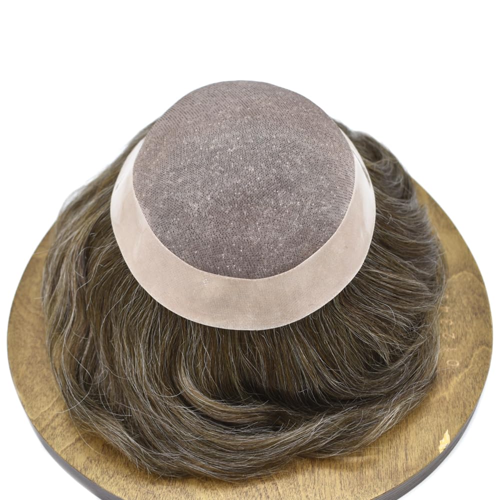 Curve Hair Mens Toupee Human Hair Piece Replacement System Monofilament Wig Hair Unit for Men Durable Poly Coated Mens Hairpiece (#440 Medium Brown+40% Gray, 6"X9")